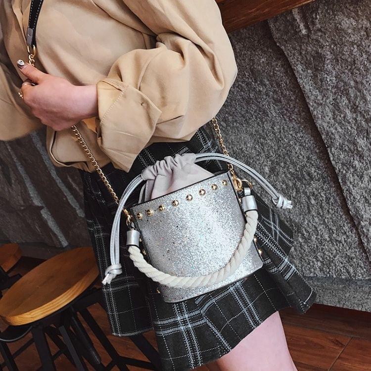 Glitter Shiny Drawstring Bucket Bag PU Single Shoulder Bag Ladies Handbag Messenger Bag (Silver)