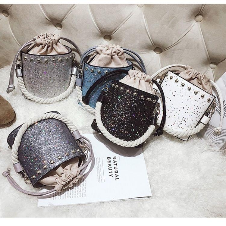 Glitter Shiny Drawstring Bucket Bag PU Single Shoulder Bag Ladies Handbag Messenger Bag (Silver)