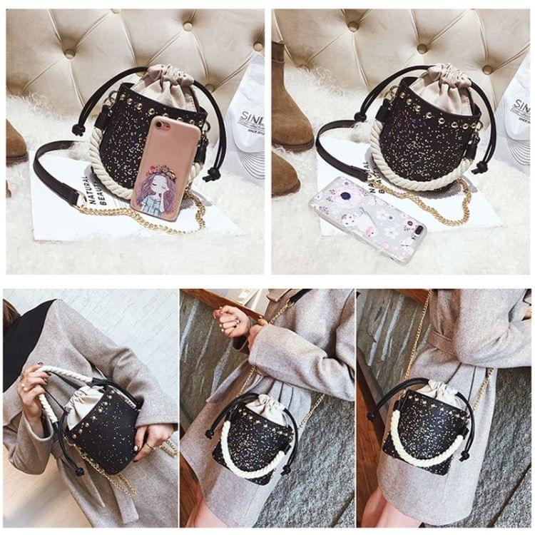 Glitter Shiny Drawstring Bucket Bag PU Single Shoulder Bag Ladies Handbag Messenger Bag (Silver)