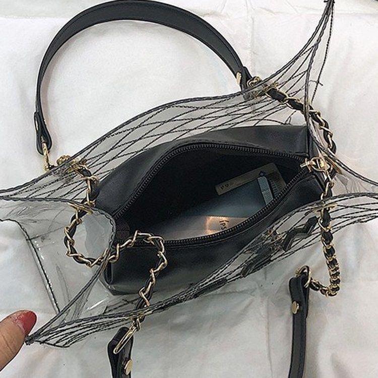 Rhombus Texture PU Inner Bag Clear PC Single Shoulder Bag Ladies Handbag Messenger Bag (Black)