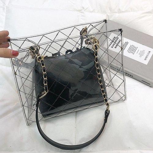 Rhombus Texture PU Inner Bag Clear PC Single Shoulder Bag Ladies Handbag Messenger Bag (Black)
