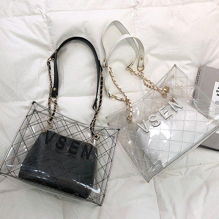 Rhombus Texture PU Inner Bag Clear PC Single Shoulder Bag Ladies Handbag Messenger Bag (Black)