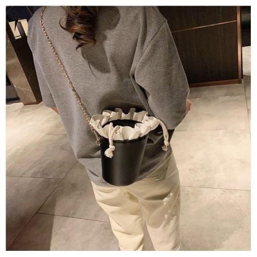 PU Leather Drawstring Bucket Bag Single Shoulder Bag Ladies Handbag Messenger Bag (Black)