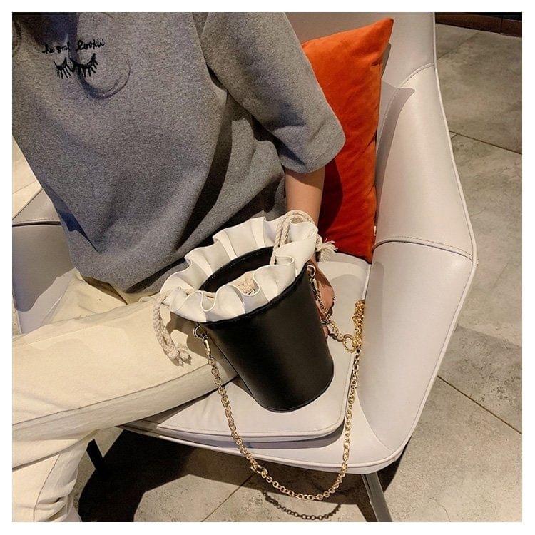 PU Leather Drawstring Bucket Bag Single Shoulder Bag Ladies Handbag Messenger Bag (Black)