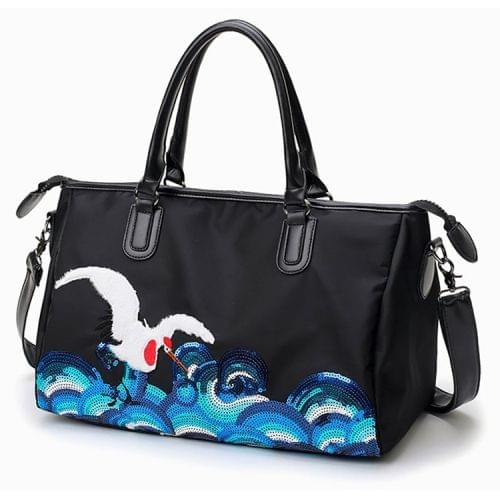 Red-crowned Crane Pattern Leisure Fashion Oxford Cloth Slant Shoulder Bag Handbag(Black)