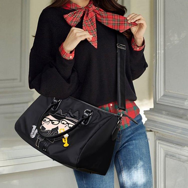 Red-crowned Crane Pattern Leisure Fashion Oxford Cloth Slant Shoulder Bag Handbag(Black)