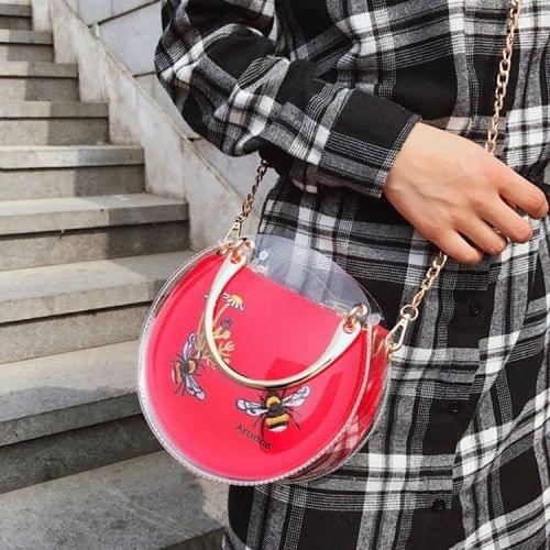 Embroidery Bee Pattern Clear Plastic + PU Shoulder Bag Ladies Handbag Messenger Bag (Red)