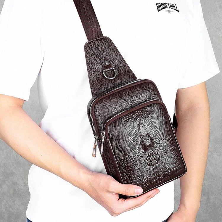 Embossed PU Leather Business Single Shoulder Bag Men Chest Bag (Brown)