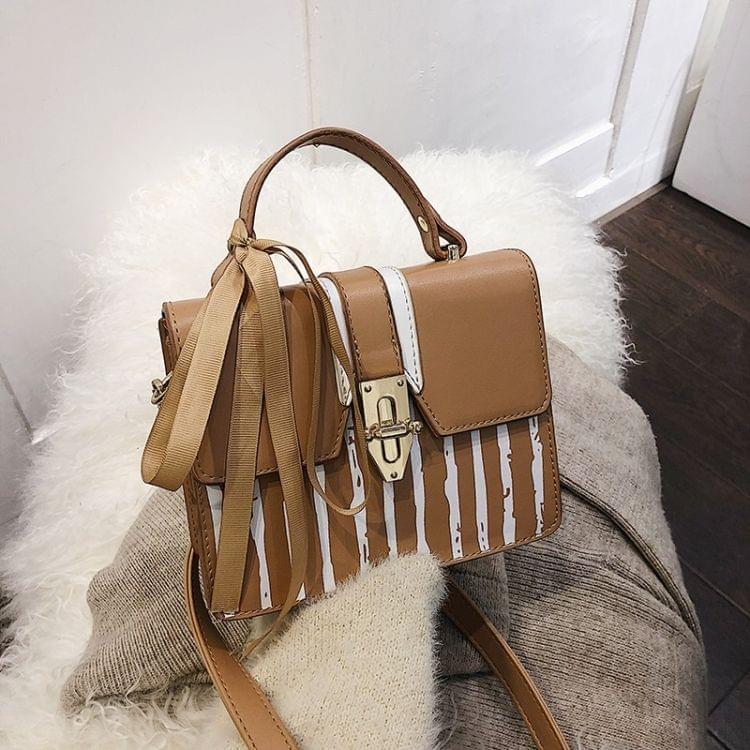 Stripe Pattern Lock Buckle PU Shoulder Bag Ladies Handbag Messenger Bag with Silk Ribbon (Beige)