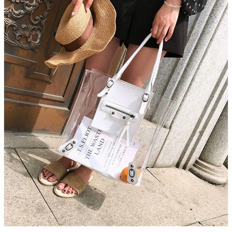 Transparent Jelly Bag Fashion PU Leather Single Shoulder Bag Ladies Handbag (White)