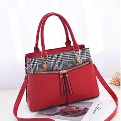 Stitching Plaid Leisure Fashion PU Slant Shoulder Bag Handbag(Wine Red)