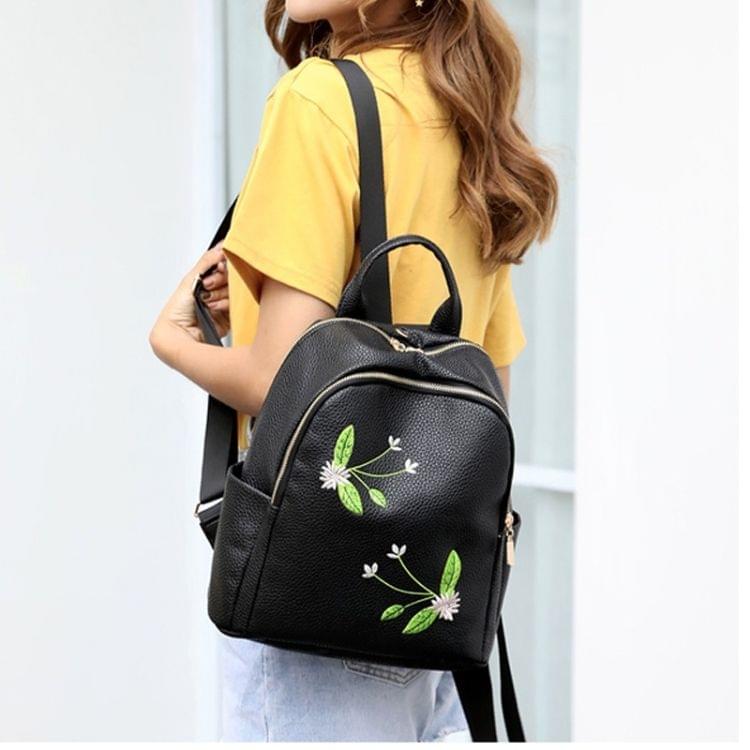 Embroidered Flying Insect Love Flower PU Leather Double Shoulders School Bag Travel Backpack Bag (Flower)