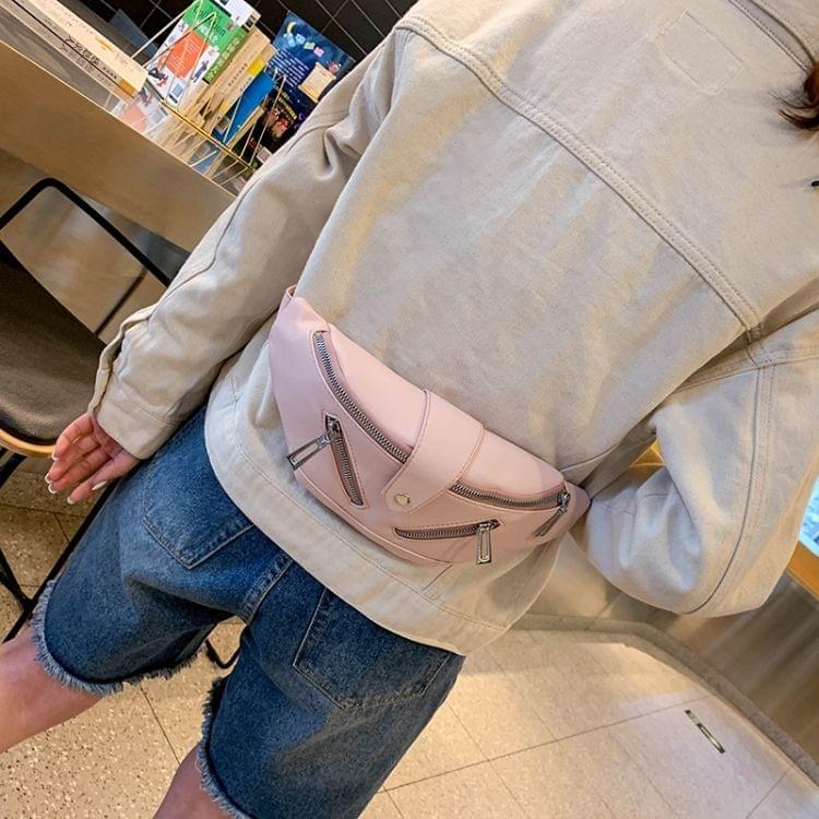 Solid Color Fashion PU Single Shoulder Bag Zipper Messenger Bag Casual Waist Chest Pockets Bag (Pink)