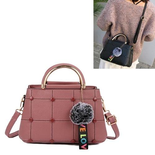 Small Square Bag Hairball Pendant Casual Single Shoulders Bag Ladies Handbag Messenger Bag (Pale Pinkish Grey)