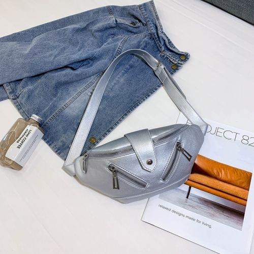 Solid Color Fashion PU Single Shoulder Bag Zipper Messenger Bag Casual Waist Chest Pockets Bag (Silver)