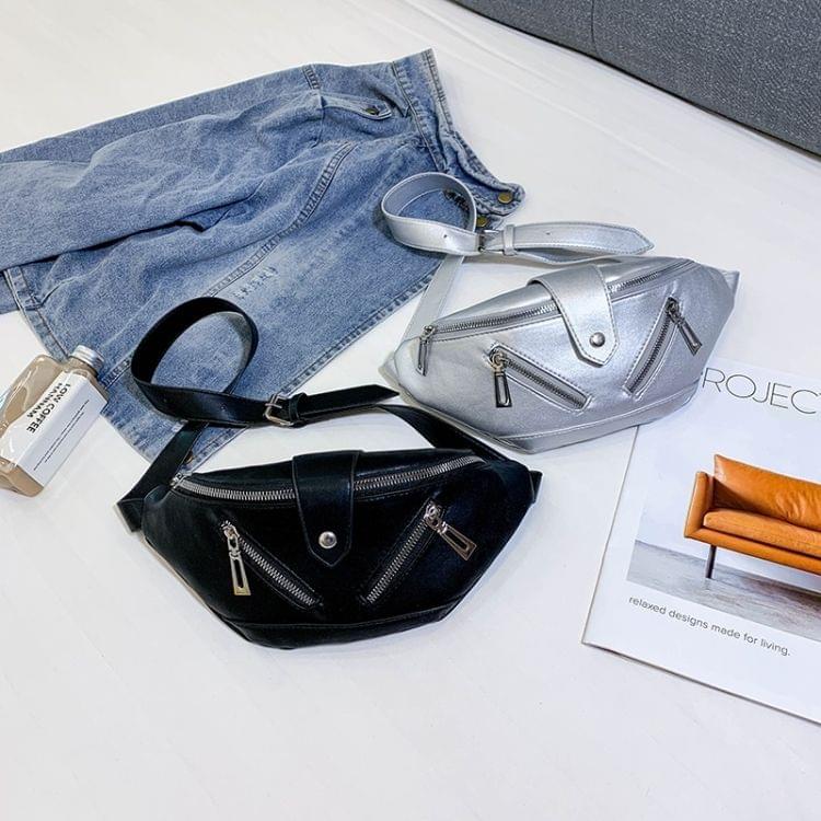 Solid Color Fashion PU Single Shoulder Bag Zipper Messenger Bag Casual Waist Chest Pockets Bag (Silver)