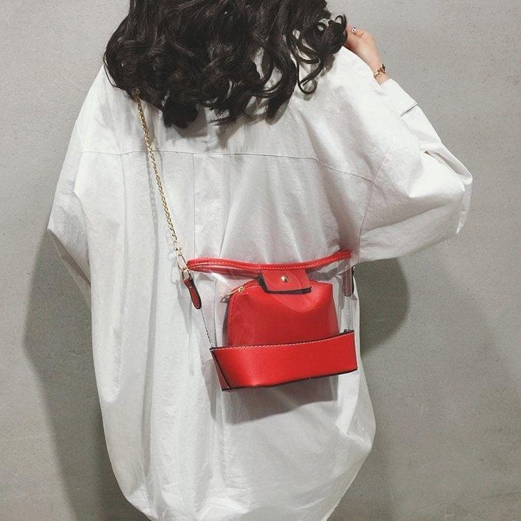 Clear PVC + PU Leather Chain Single Shoulder Bag Ladies Handbag Messenger Bag (Red)