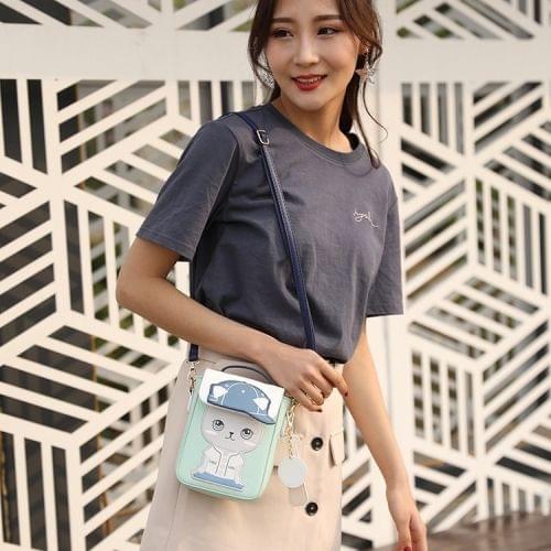 Baseball Cute Cat Pattern Small Square Bag PU Leather Single Shoulder Bag Crossbody Bag Ladies Handbag (Blue)