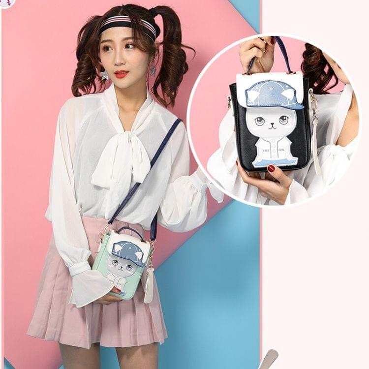 Baseball Cute Cat Pattern Small Square Bag PU Leather Single Shoulder Bag Crossbody Bag Ladies Handbag (Blue)