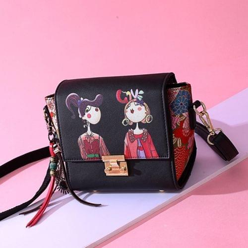 Leisure Fashion Creative Printing Design PU Leather Slant Shoulder Bag (Black)