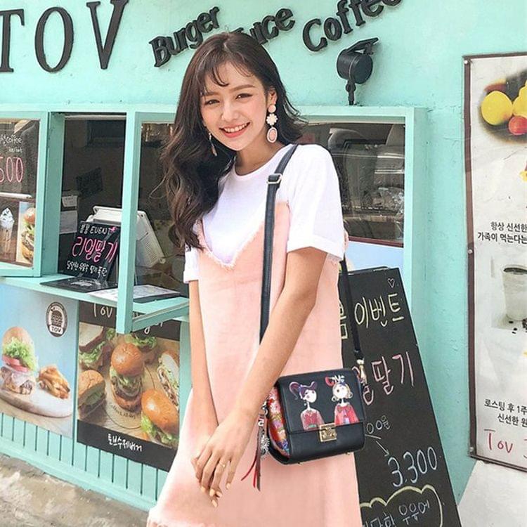 Leisure Fashion Creative Printing Design PU Leather Slant Shoulder Bag (Black)