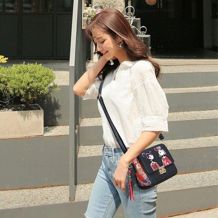 Leisure Fashion Creative Printing Design PU Leather Slant Shoulder Bag (Black)