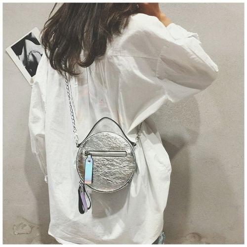 Round PU Leather Chain-strap Single Shoulder Bag Ladies Handbag Messenger Bag (Silver)