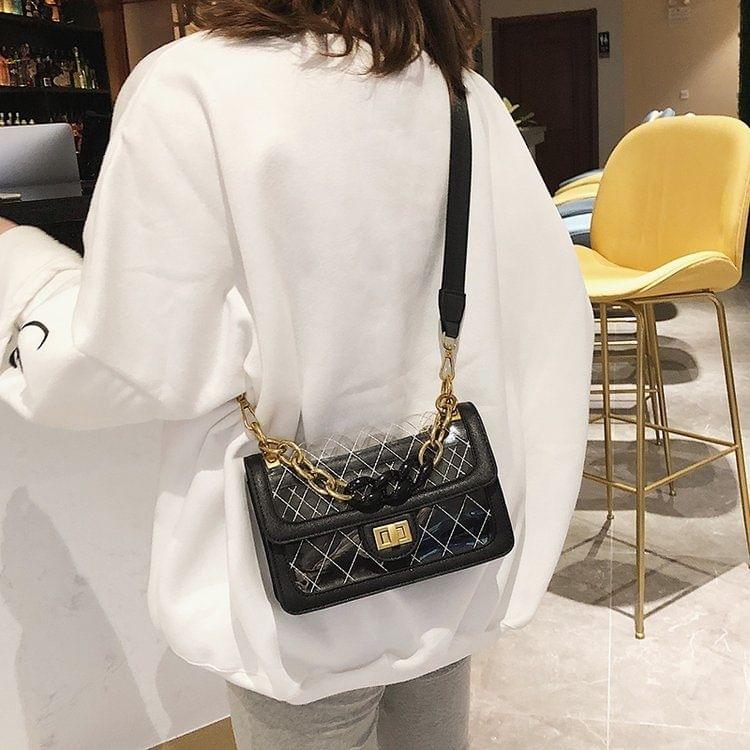 Rhombus Texture Clear PU Leather Single Shoulder Bag Ladies Handbag Messenger Bag (Black)