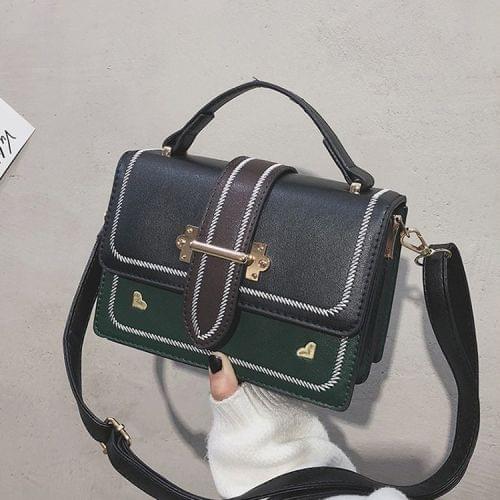 Fashion PU Leather Small Square Handbag Ladies Shoulder Messenger Bag(Black+green)
