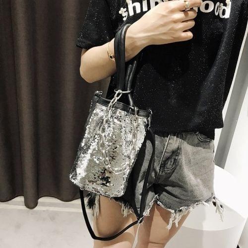 Sequin Bucket Bag PU Leather Single Shoulder Bag Ladies Handbag Messenger Bag (Silver)