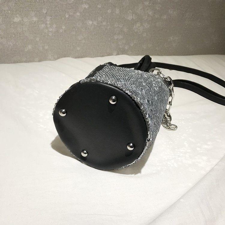 Sequin Bucket Bag PU Leather Single Shoulder Bag Ladies Handbag Messenger Bag (Silver)