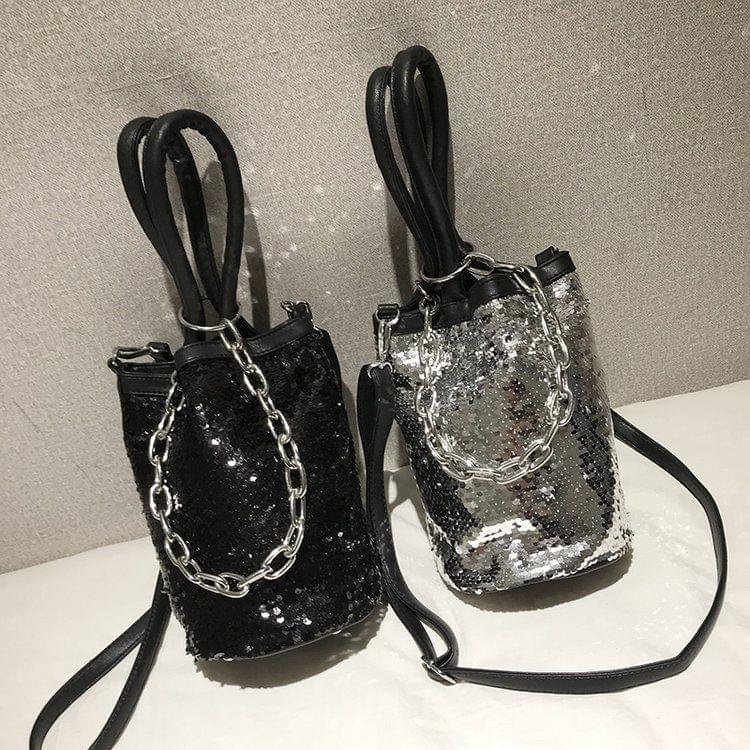 Sequin Bucket Bag PU Leather Single Shoulder Bag Ladies Handbag Messenger Bag (Silver)