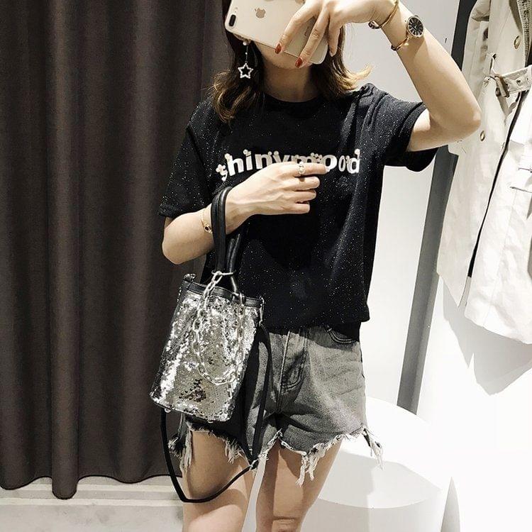 Sequin Bucket Bag PU Leather Single Shoulder Bag Ladies Handbag Messenger Bag (Silver)