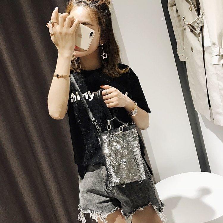 Sequin Bucket Bag PU Leather Single Shoulder Bag Ladies Handbag Messenger Bag (Silver)