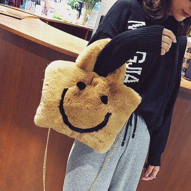 Smiling Face Fashion Casual Plush Single Shoulder Bag Ladies Handbag Chain Bag (Brown)