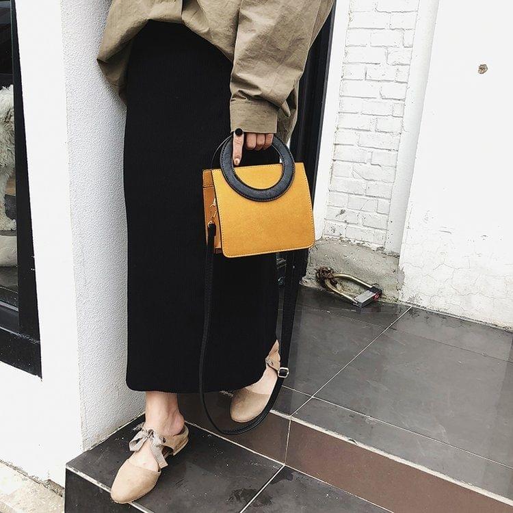 Round Ring Handle Color Matching Matte PU Leather Single Shoulder Bag Ladies Handbag Messenger Bag (Brown)
