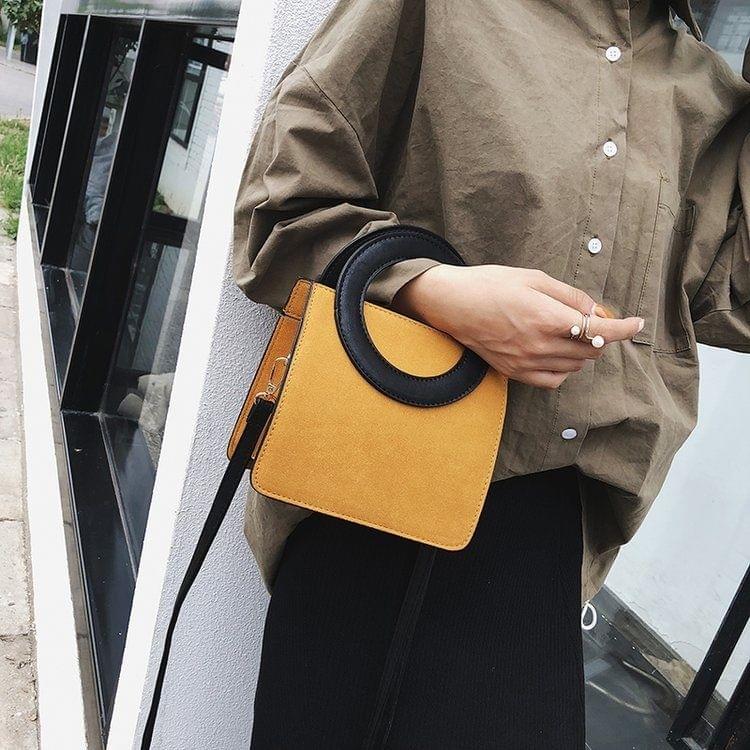 Round Ring Handle Color Matching Matte PU Leather Single Shoulder Bag Ladies Handbag Messenger Bag (Brown)