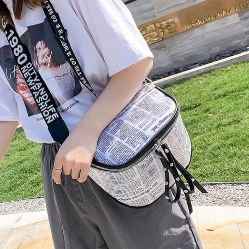 Fashion Newspaper Printing Plastic Transparent Jelly Waist Chest Bag Dual-zipper Single Shoulder Bag Messenger Bag (White)