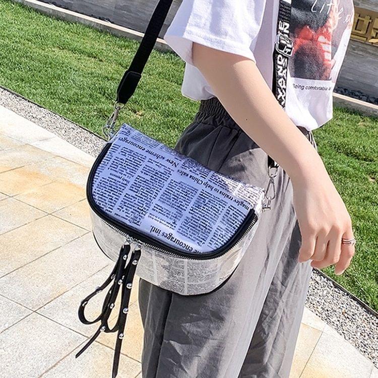 Fashion Newspaper Printing Plastic Transparent Jelly Waist Chest Bag Dual-zipper Single Shoulder Bag Messenger Bag (White)