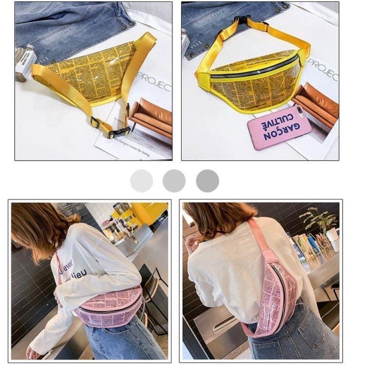 Fashion Newspaper Printing Plastic Transparent Jelly Waist Chest Bag Single Shoulder Bag Messenger Bag (White)