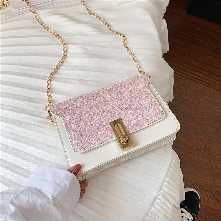 Lock Buckle Glitter PU Leather Single Shoulder Bag Ladies Handbag Messenger Bag (Pink)