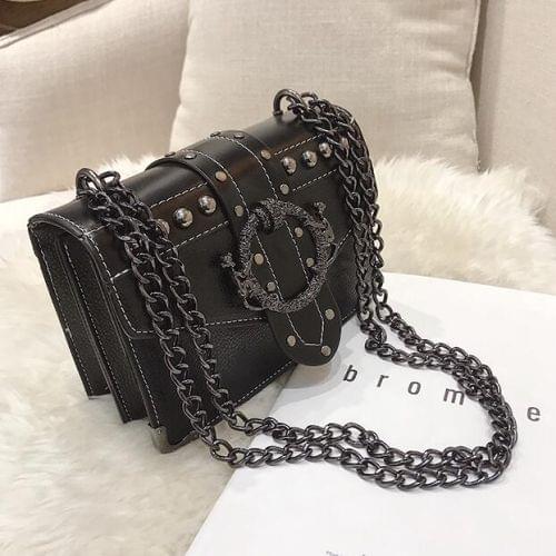 PU Leather Women Handbag Rivet Lock Chain Shoulder Messenger Bags(Black)