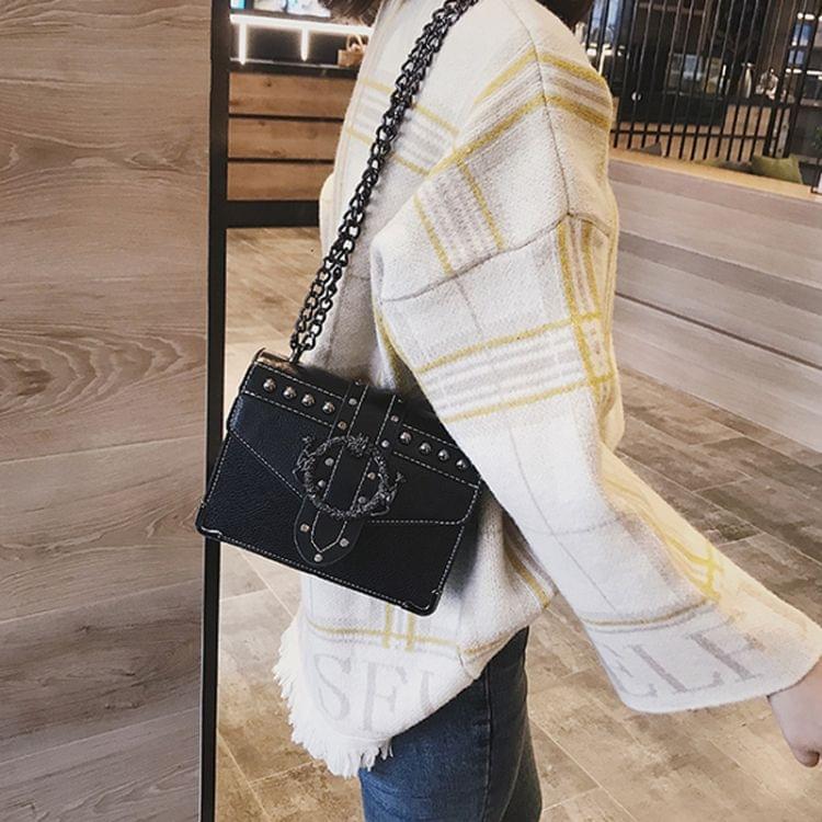 PU Leather Women Handbag Rivet Lock Chain Shoulder Messenger Bags(Black)