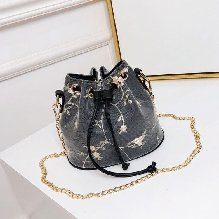 Casual PU Shoulder Bag Printed Flower Ladies Handbag Mesh Messenger Bag (Black)