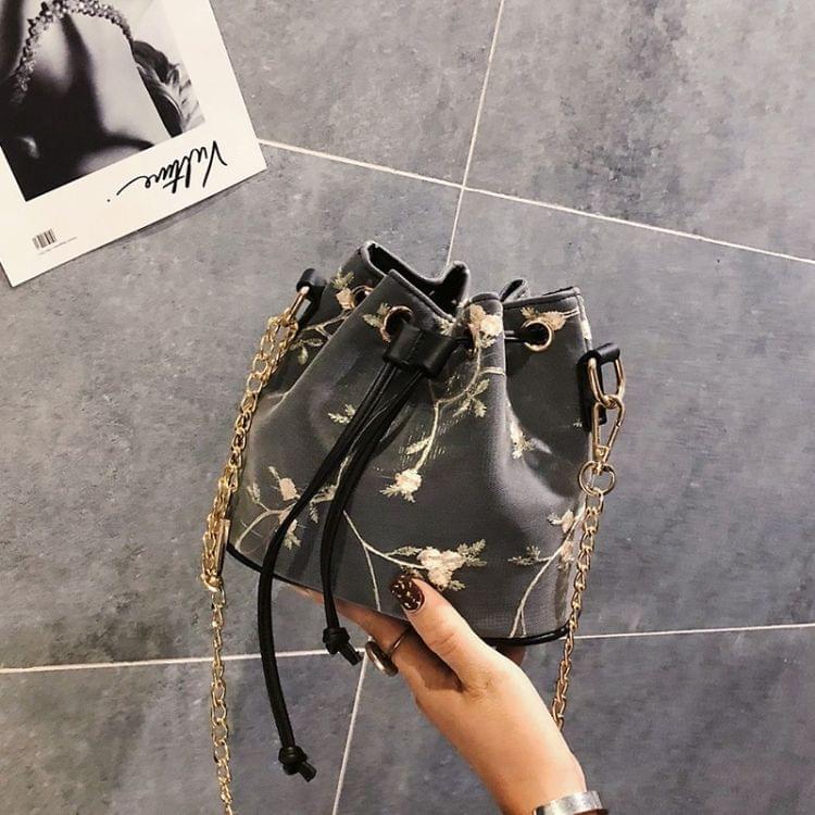 Casual PU Shoulder Bag Printed Flower Ladies Handbag Mesh Messenger Bag (Black)