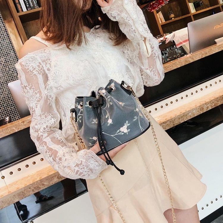 Casual PU Shoulder Bag Printed Flower Ladies Handbag Mesh Messenger Bag (Black)