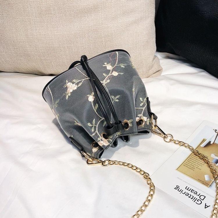 Casual PU Shoulder Bag Printed Flower Ladies Handbag Mesh Messenger Bag (Black)