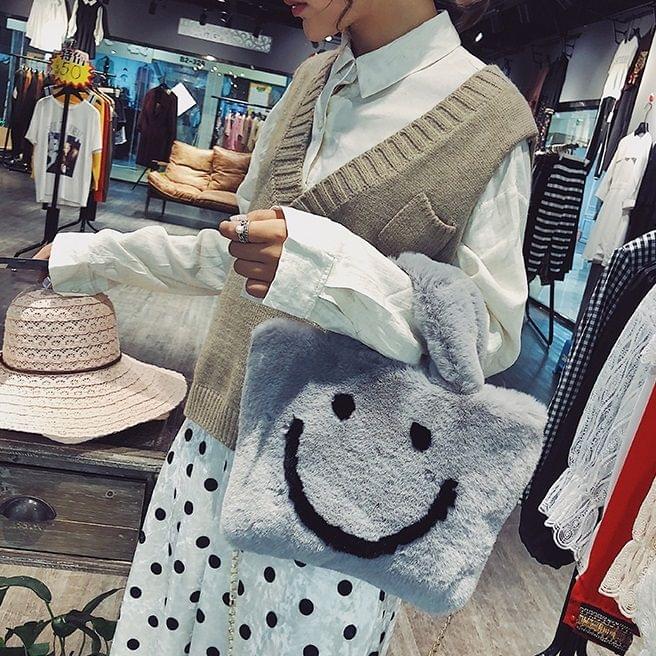 Smiling Face Fashion Casual Plush Single Shoulder Bag Ladies Handbag Chain Bag (Grey)