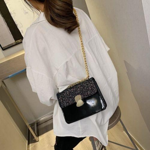 Glitter Magnetic Buckle PU Leather Chain Single Shoulder Bag Ladies Handbag Messenger Bag (Black)