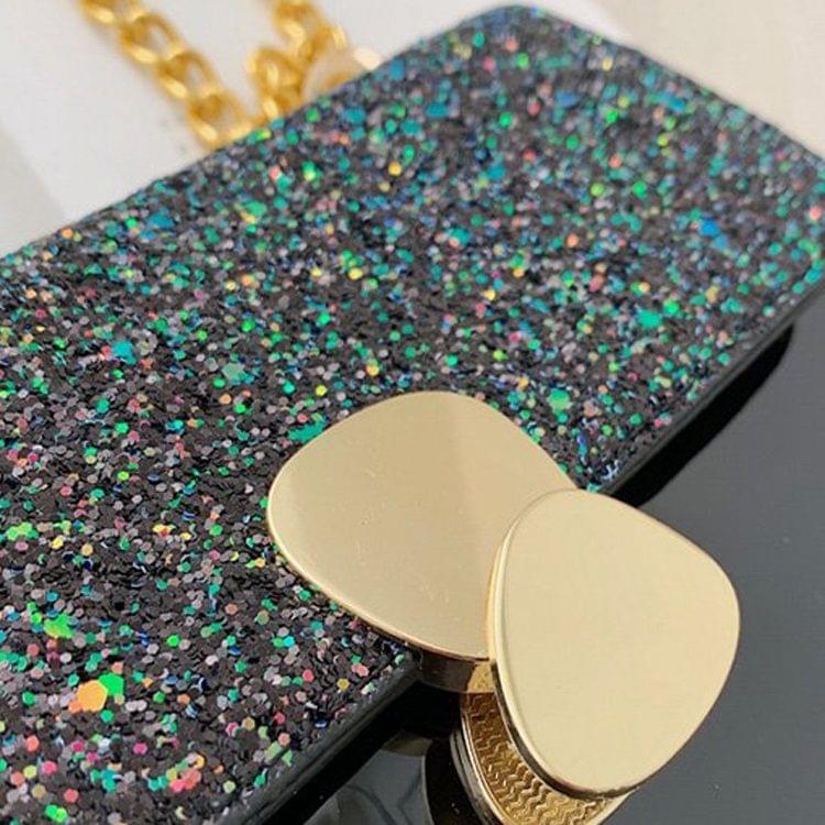 Glitter Magnetic Buckle PU Leather Chain Single Shoulder Bag Ladies Handbag Messenger Bag (Black)